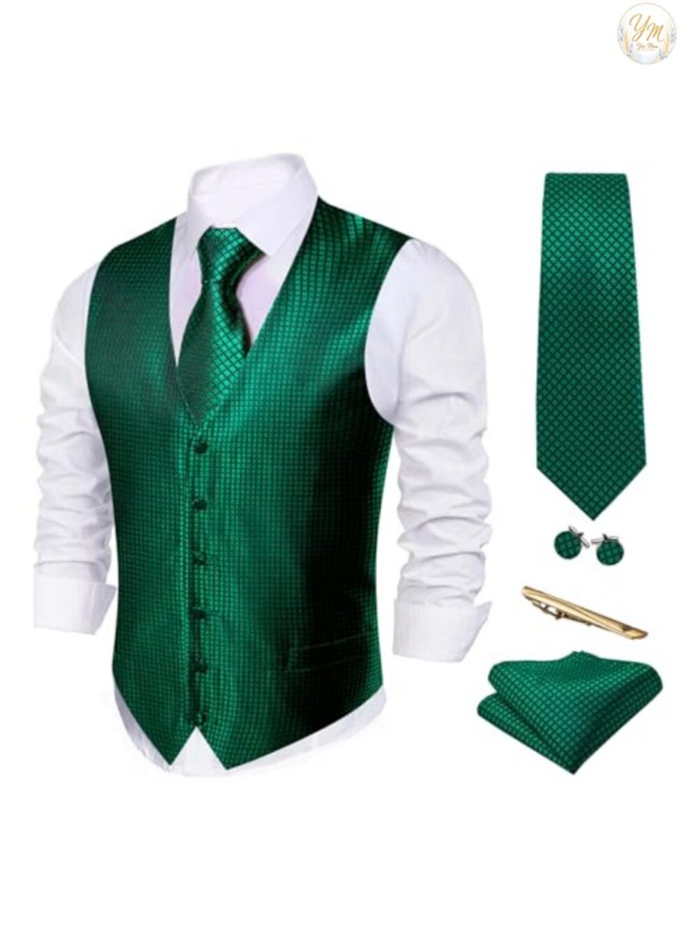 Mens Suit Vest Set Silk Tie Pocket Square Cufflinks Formal Casual 5 Piece